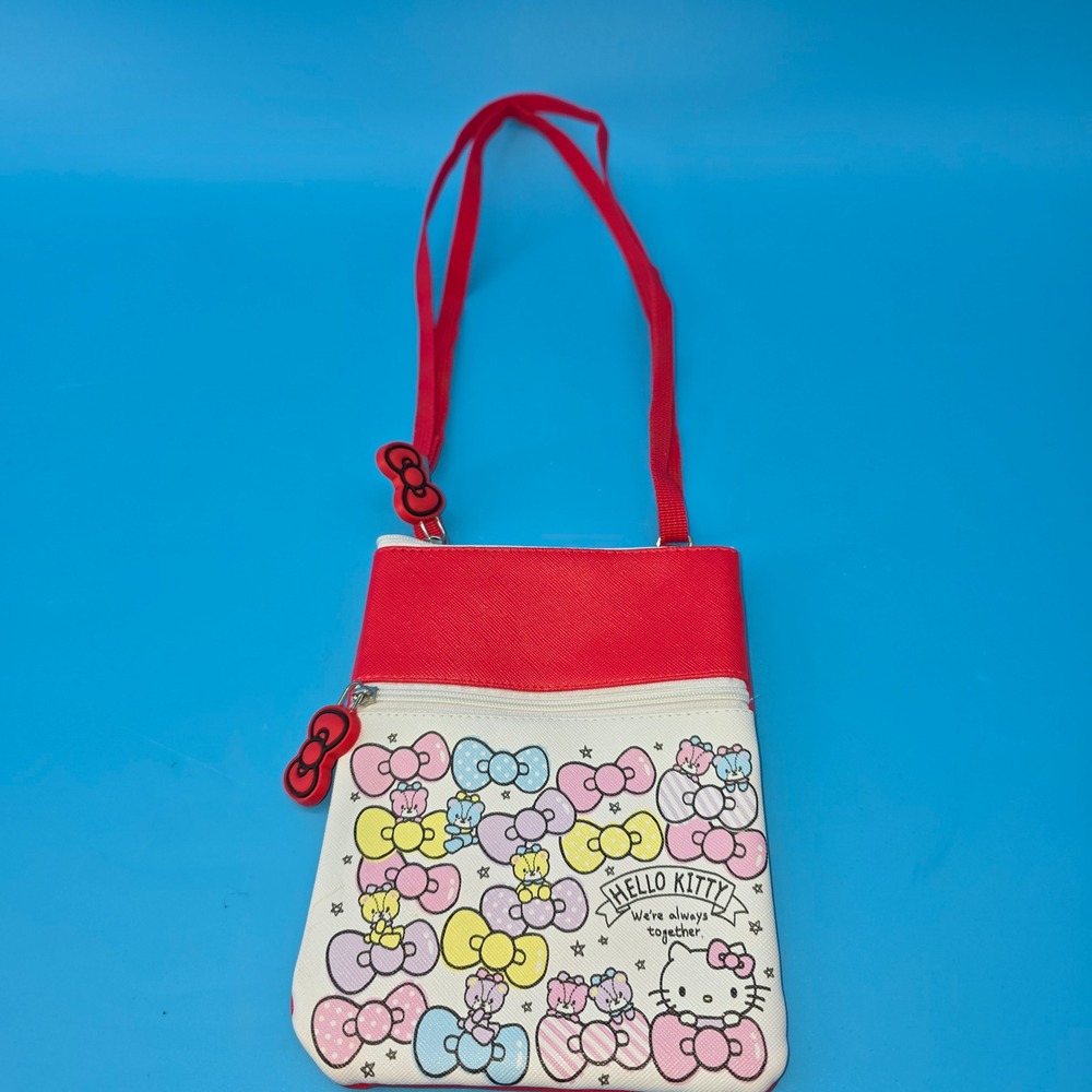 Sanrio Hello Kitty Crossbody Bag Red White Bow Print Small Travel Pouch Pockets